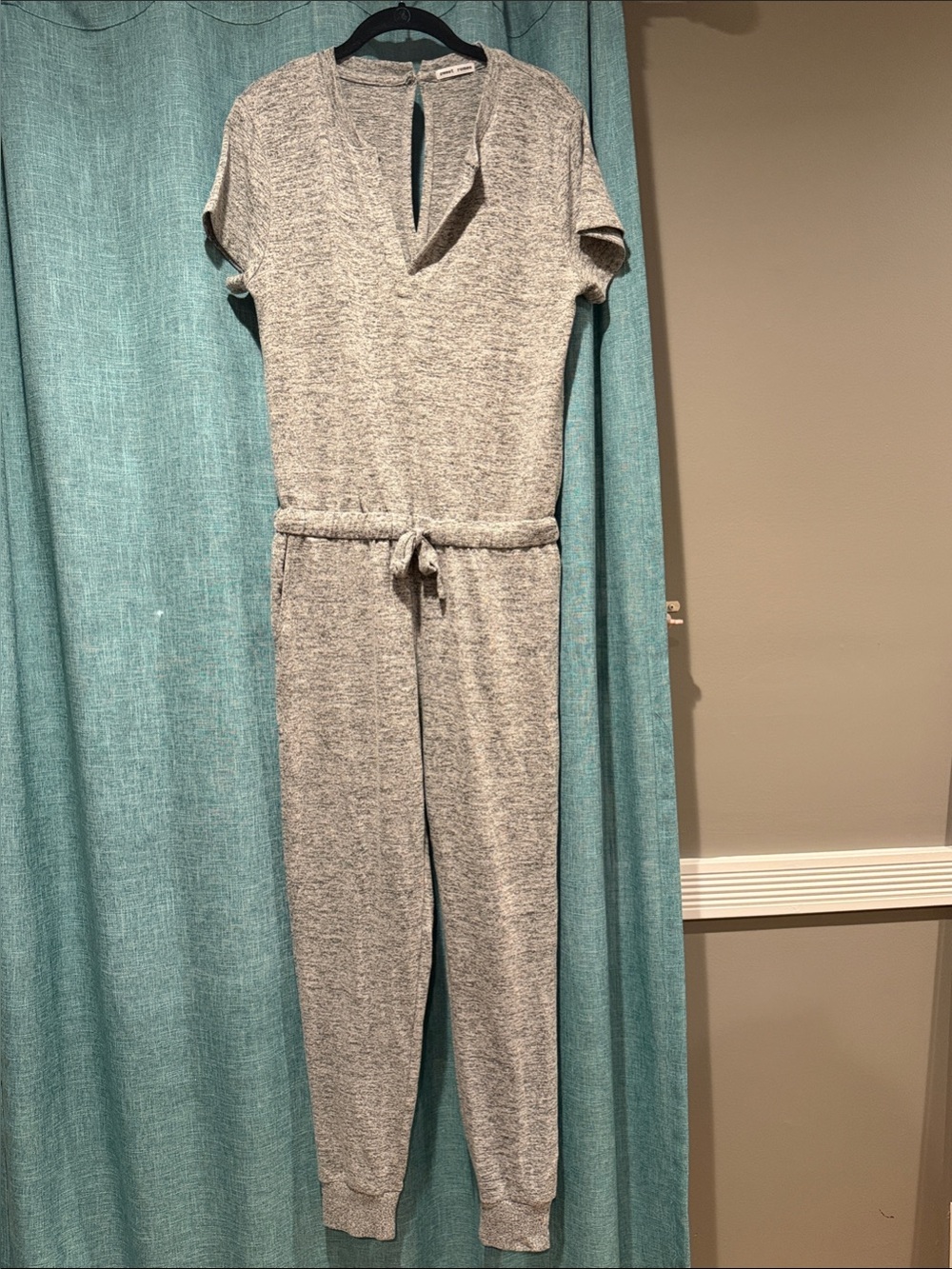 Sweet Romeo Heather Gray Short-Sleeve Knit Jumpsuit with Drawstring